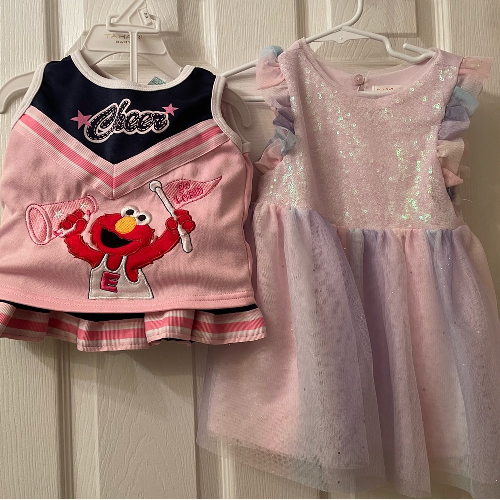 Size 2T Elmo cheer outfit and 2T Cat and Jack dress